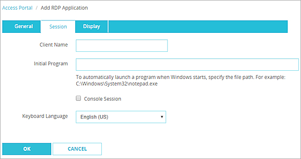 Screenshot of the Add RDP Application Session tab settings.